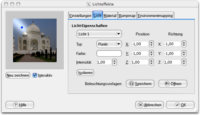 Eigenschaften (Licht) für das Filter Lichteffekte